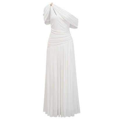 Sigrun White Asymmetrical Gathered Maxi Dress