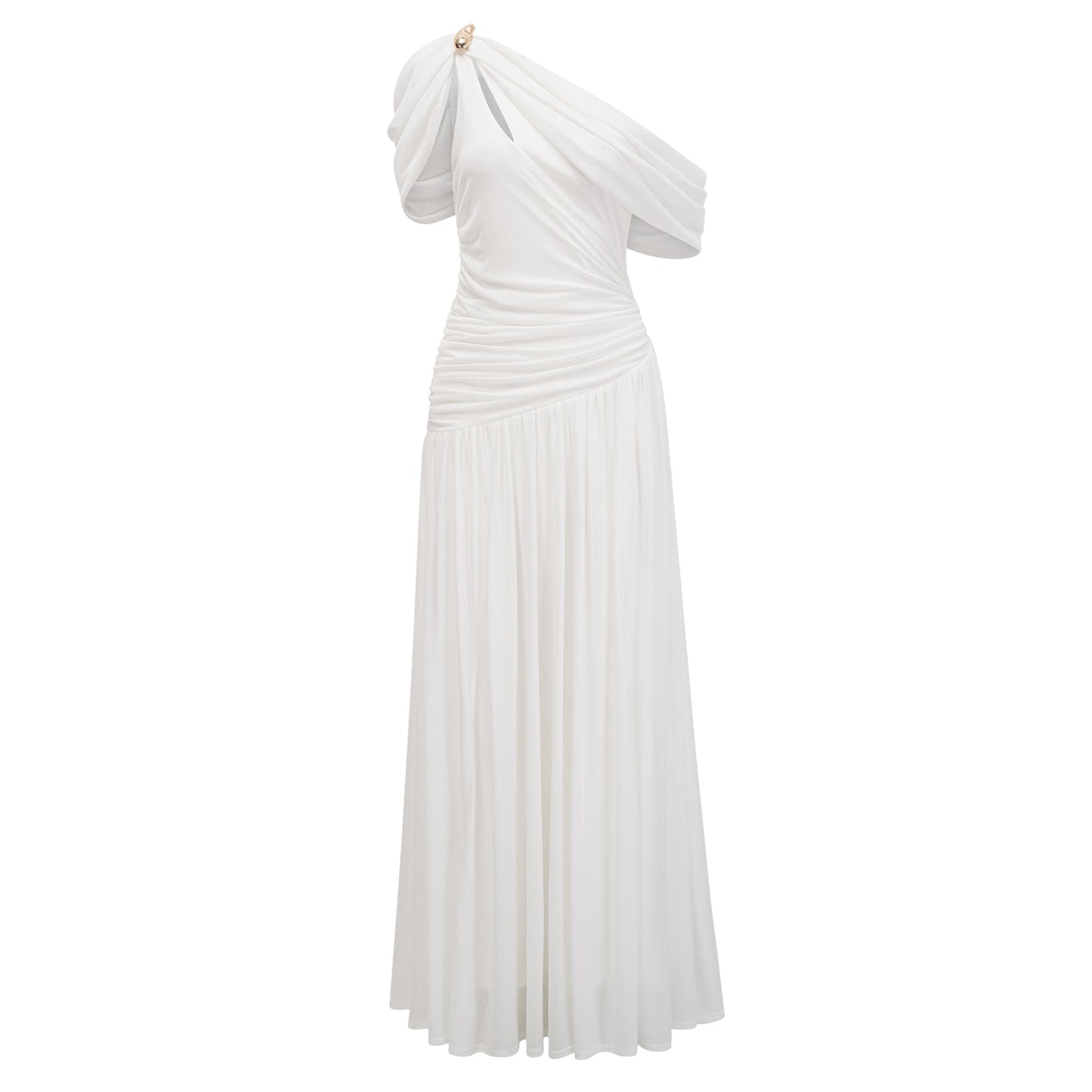 Sigrun White Asymmetrical Gathered Maxi Dress