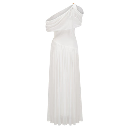 Sigrun White Asymmetrical Gathered Maxi Dress