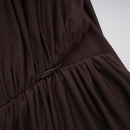 Prune Brown Night Out Asymmetrical Ruched Midi Dress