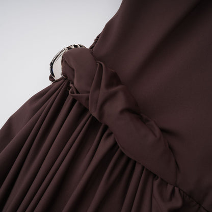 Prune Brown Night Out Asymmetrical Ruched Midi Dress