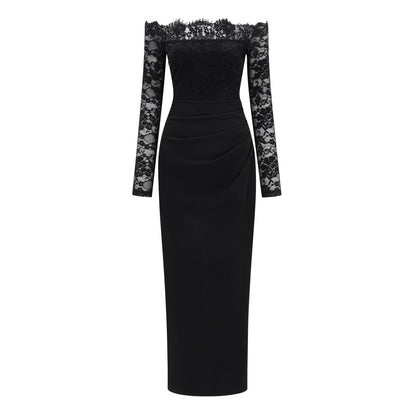 Nephele Black Off Shoulder Floral Lace Maxi Dress