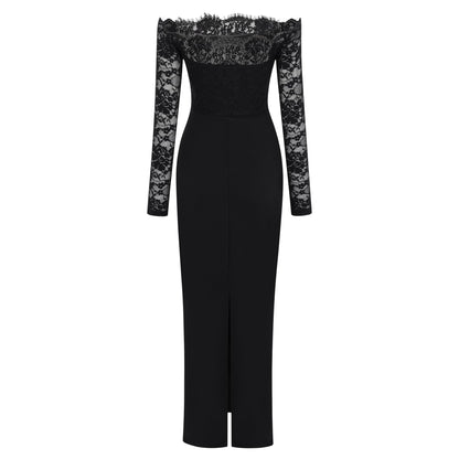 Nephele Black Off Shoulder Floral Lace Maxi Dress