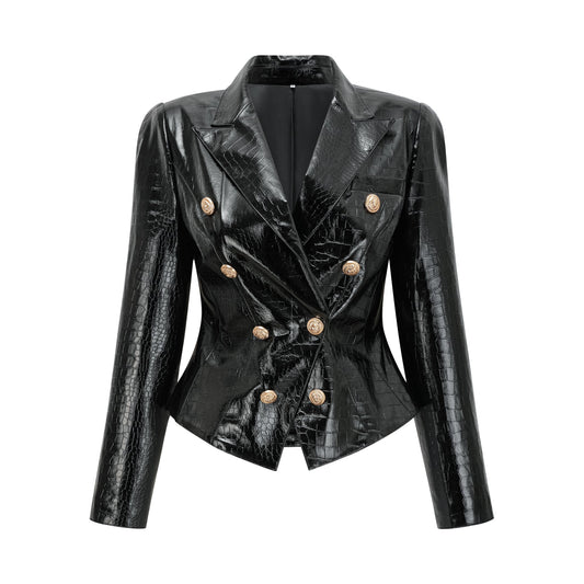 Élodie Black Cinched-Waist Leather Jacket
