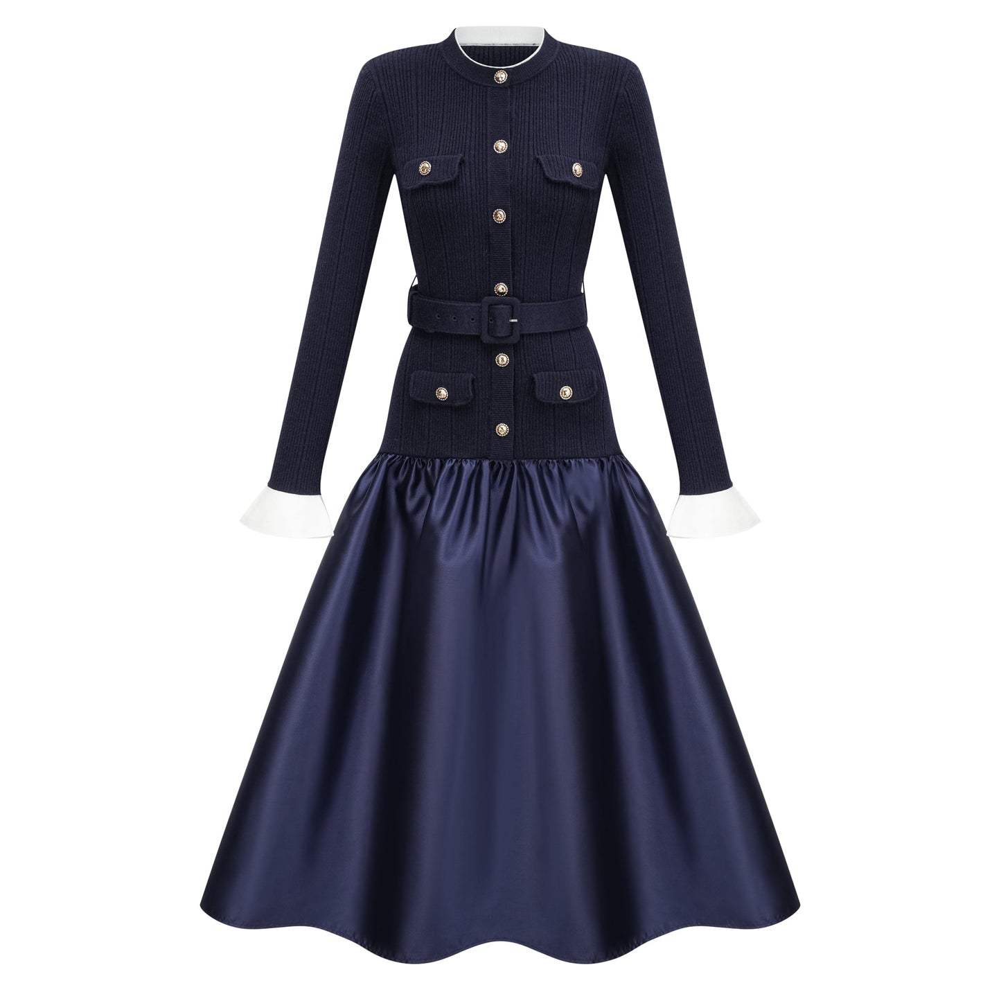 Fern Navy Blue Satin Panel Knit Midi Dress