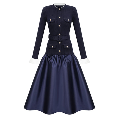 Fern Navy Blue Satin Panel Knit Midi Dress