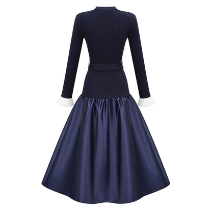 Fern Navy Blue Satin Panel Knit Midi Dress