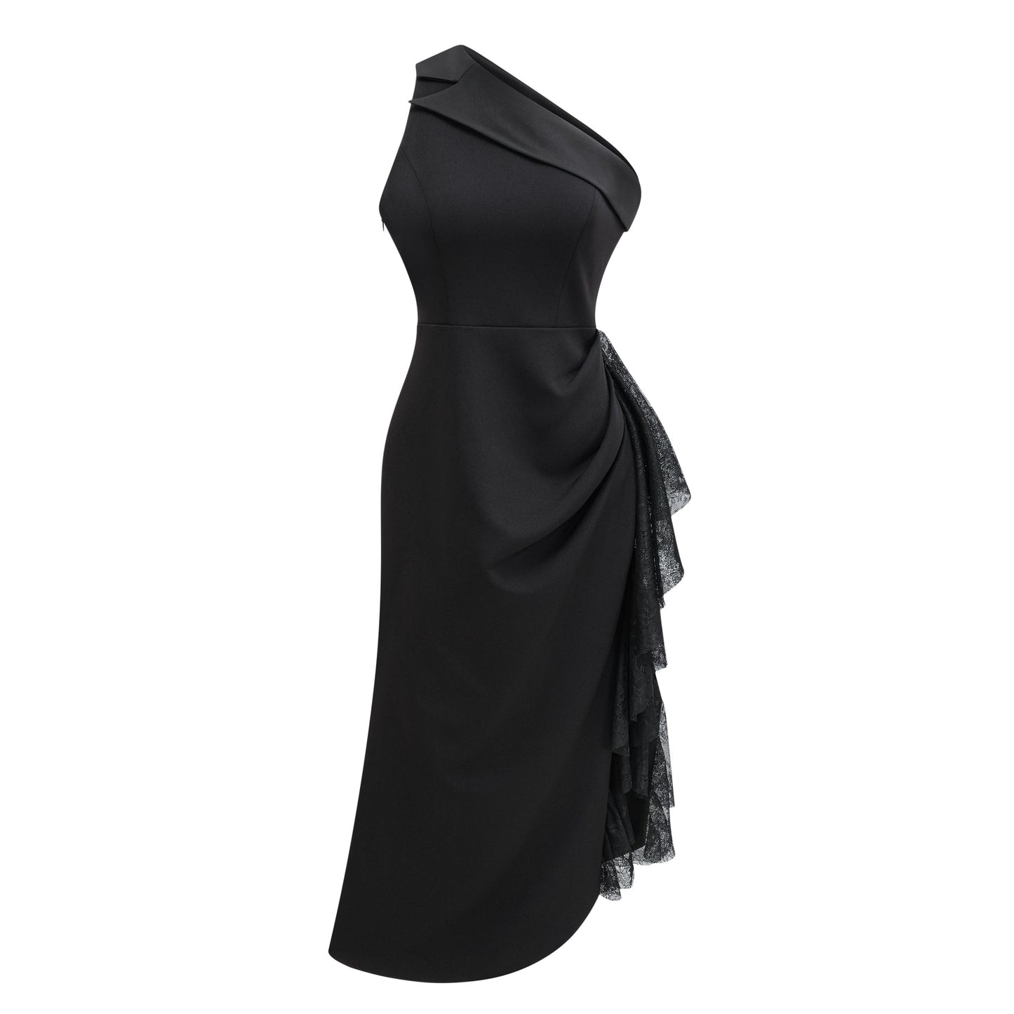 Bernadette Black Lace-Panel Asymmetrical Midi Dress