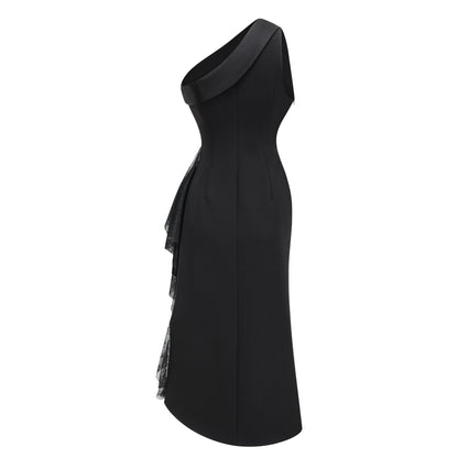 Bernadette Black Lace-Panel Asymmetrical Midi Dress