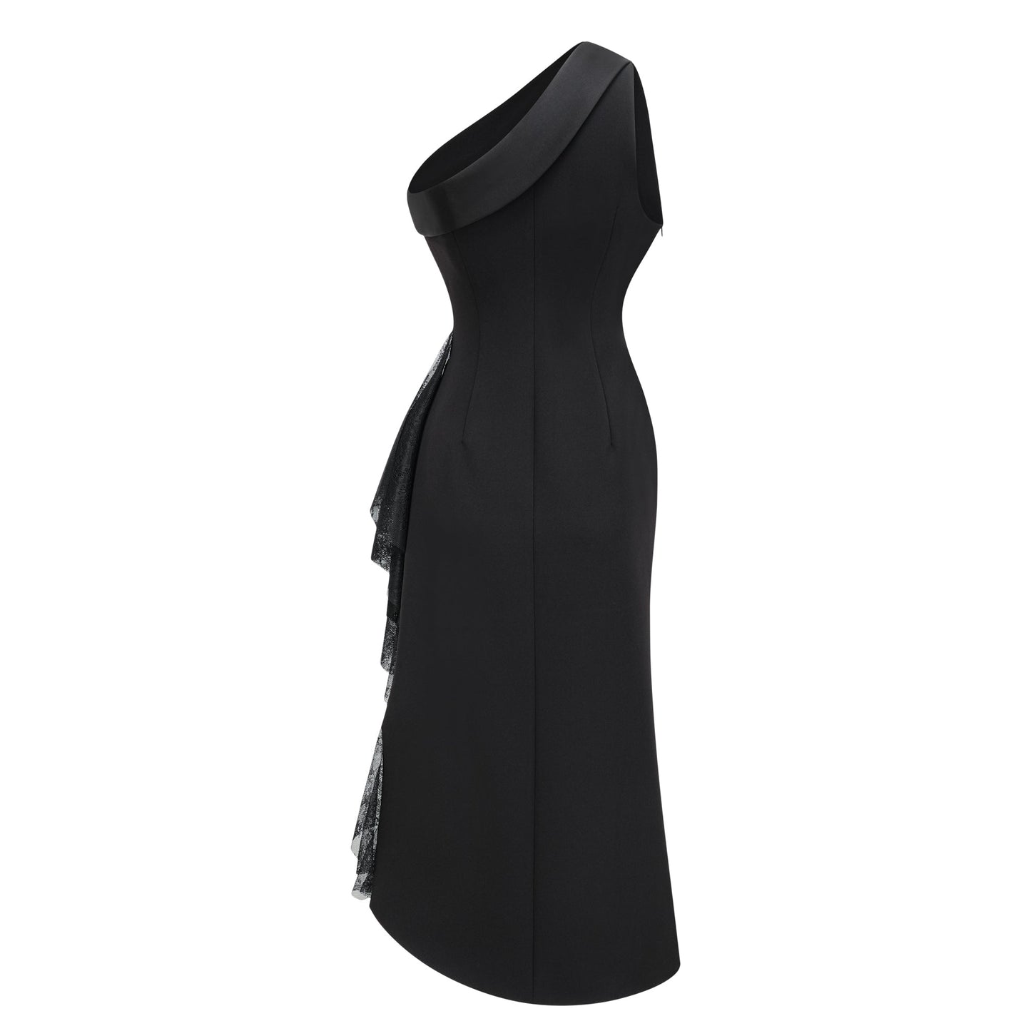 Bernadette Black Lace-Panel Asymmetrical Midi Dress