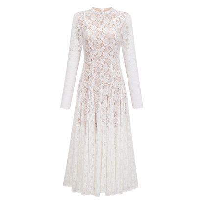 Bronte White Pleated Floral Lace Midi Dress