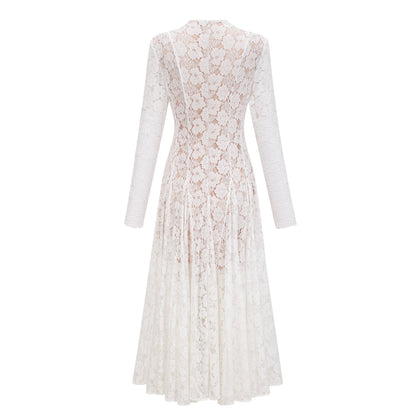 Bronte White Pleated Floral Lace Midi Dress