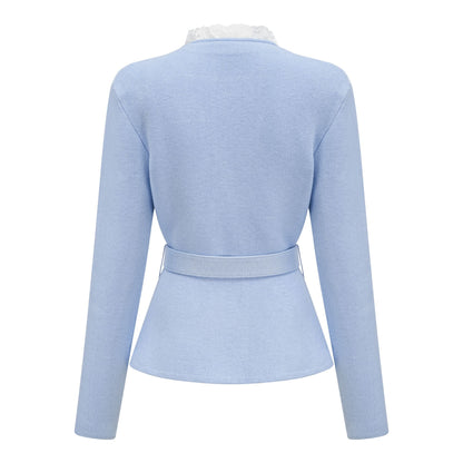 Irina Blue Embellished Ruffled Ribbed Knit Cardigan