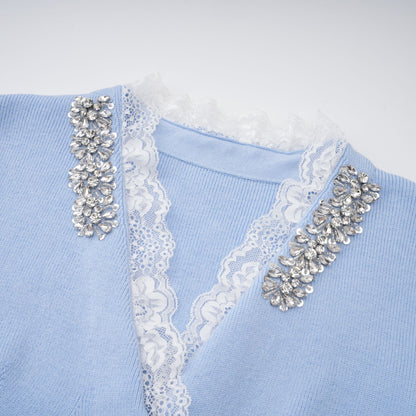 Irina Blue Embellished Ruffled Ribbed Knit Cardigan