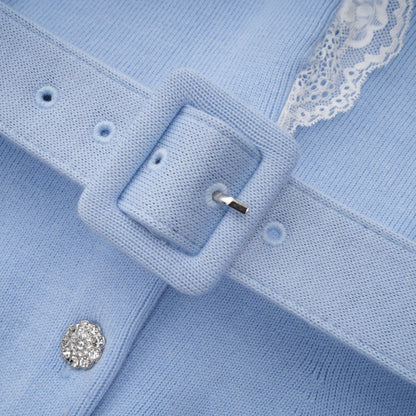 Irina Blue Embellished Ruffled Ribbed Knit Cardigan