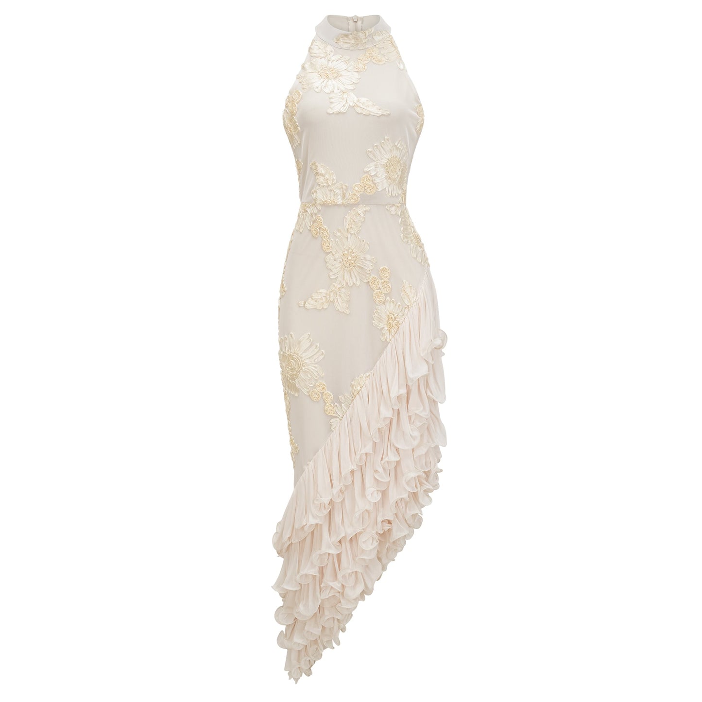 Théoline Neutral Asymmetrical Ruffled Floral Midi Dress