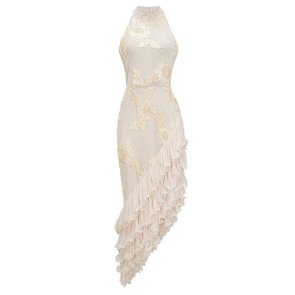 Théoline Neutral Asymmetrical Ruffled Floral Midi Dress