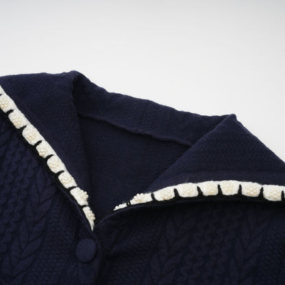 Elvira Navy Blue Crochet-Knit Cardigan & Trousers Matching Set