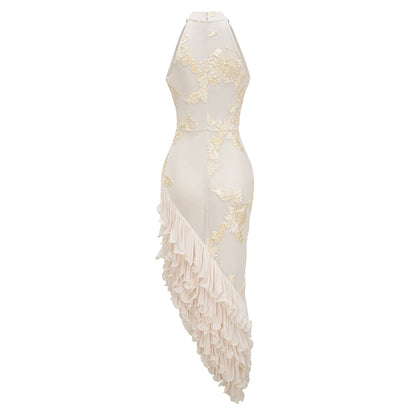 Théoline Neutral Asymmetrical Ruffled Floral Midi Dress