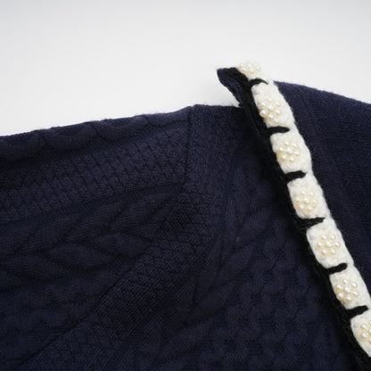Elvira Navy Blue Crochet-Knit Cardigan & Trousers Matching Set