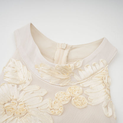 Théoline Neutral Asymmetrical Ruffled Floral Midi Dress