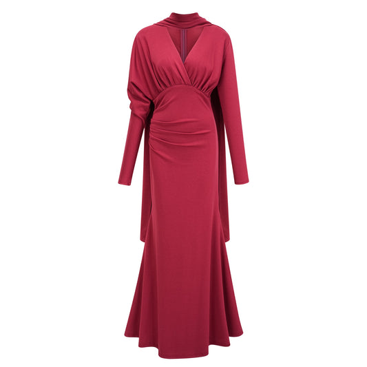 Margot Red Scarf Design Ruched Maxi Gown