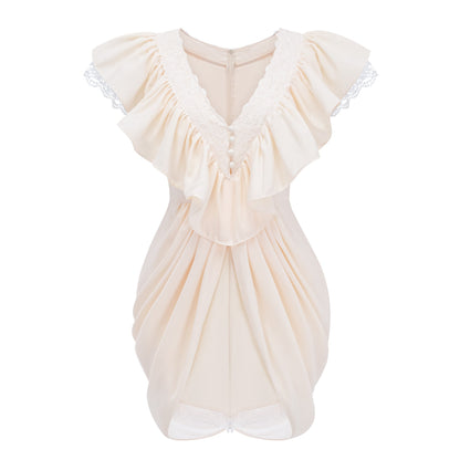 Nani Cream Plunge Neck Satin Jumpsuit with Lace Panels