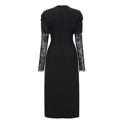 Rhea Black High Slit Lace Panel Midi Dress