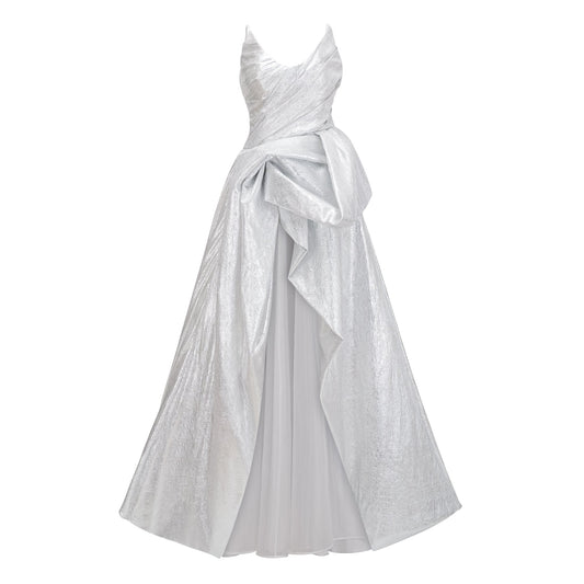 Adina Silver Glossy Asymmetrical Ruched Gown