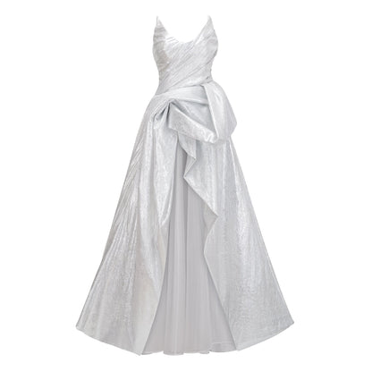 Adina Silver Glossy Asymmetrical Ruched Gown