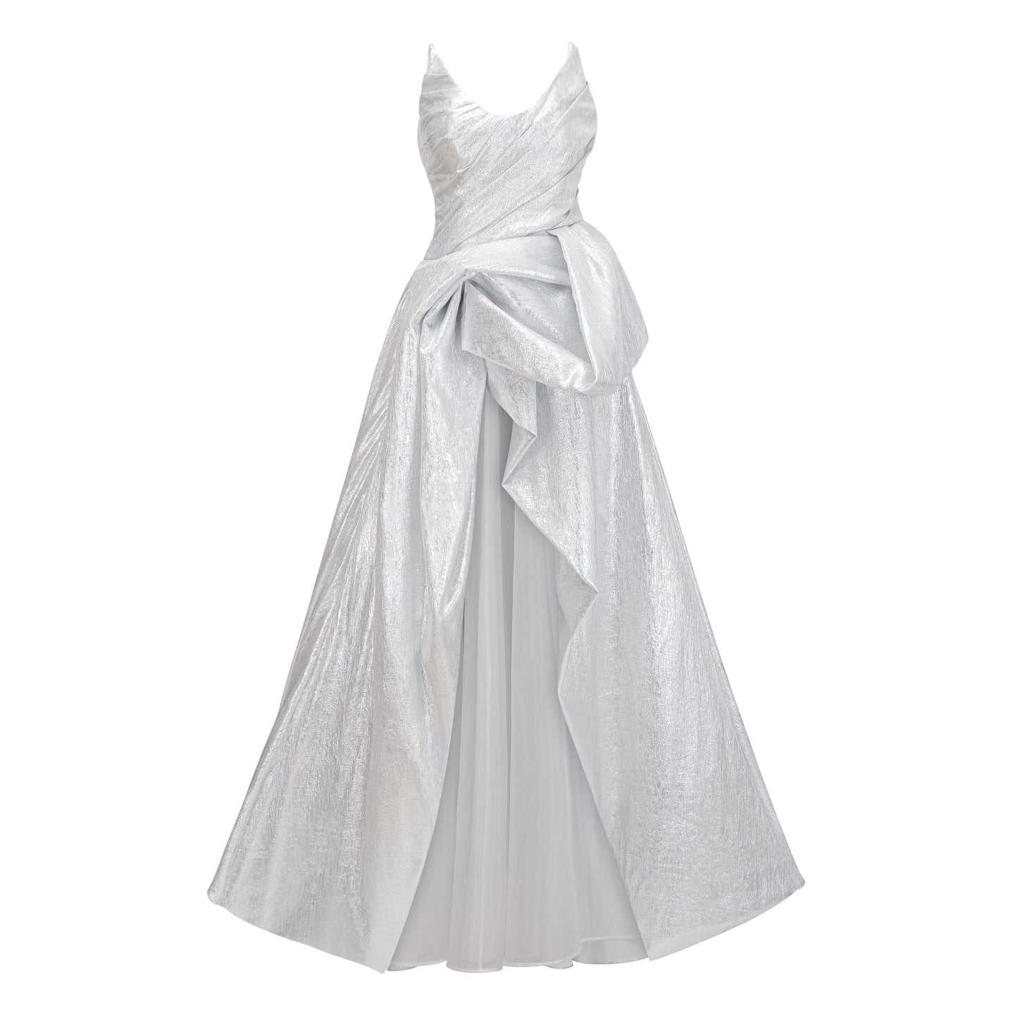 Adina Silver Glossy Asymmetrical Ruched Gown