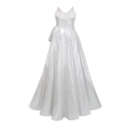 Adina Silver Glossy Asymmetrical Ruched Gown