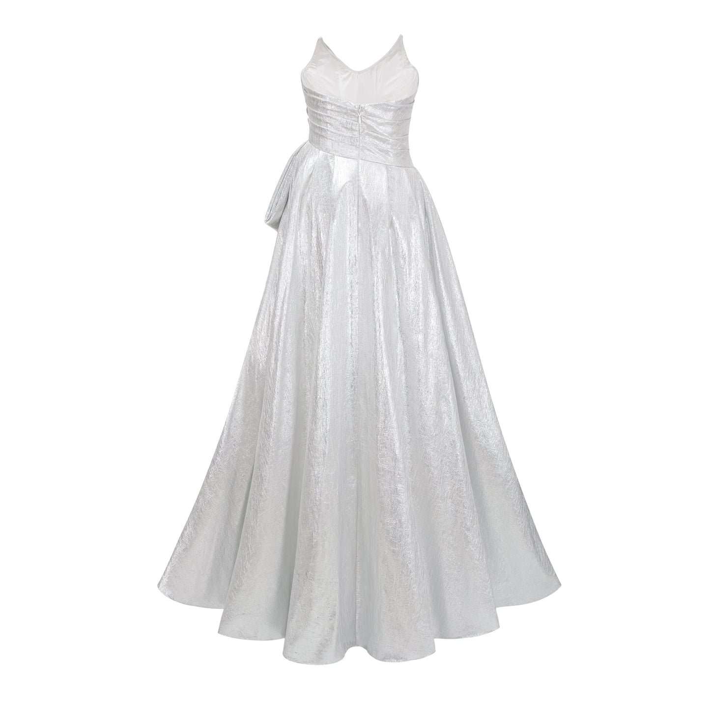 Adina Silver Glossy Asymmetrical Ruched Gown