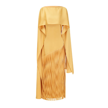 Cayetana Yellow Fringed Maxi Dress with Shawl Detail
