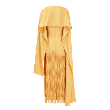 Cayetana Yellow Fringed Maxi Dress with Shawl Detail