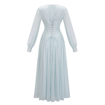 Aneka Green High Neck Glossy Ruched Maxi Dress