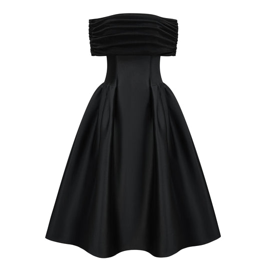 Ainara Black Off Shoulder Polished Midi Dress