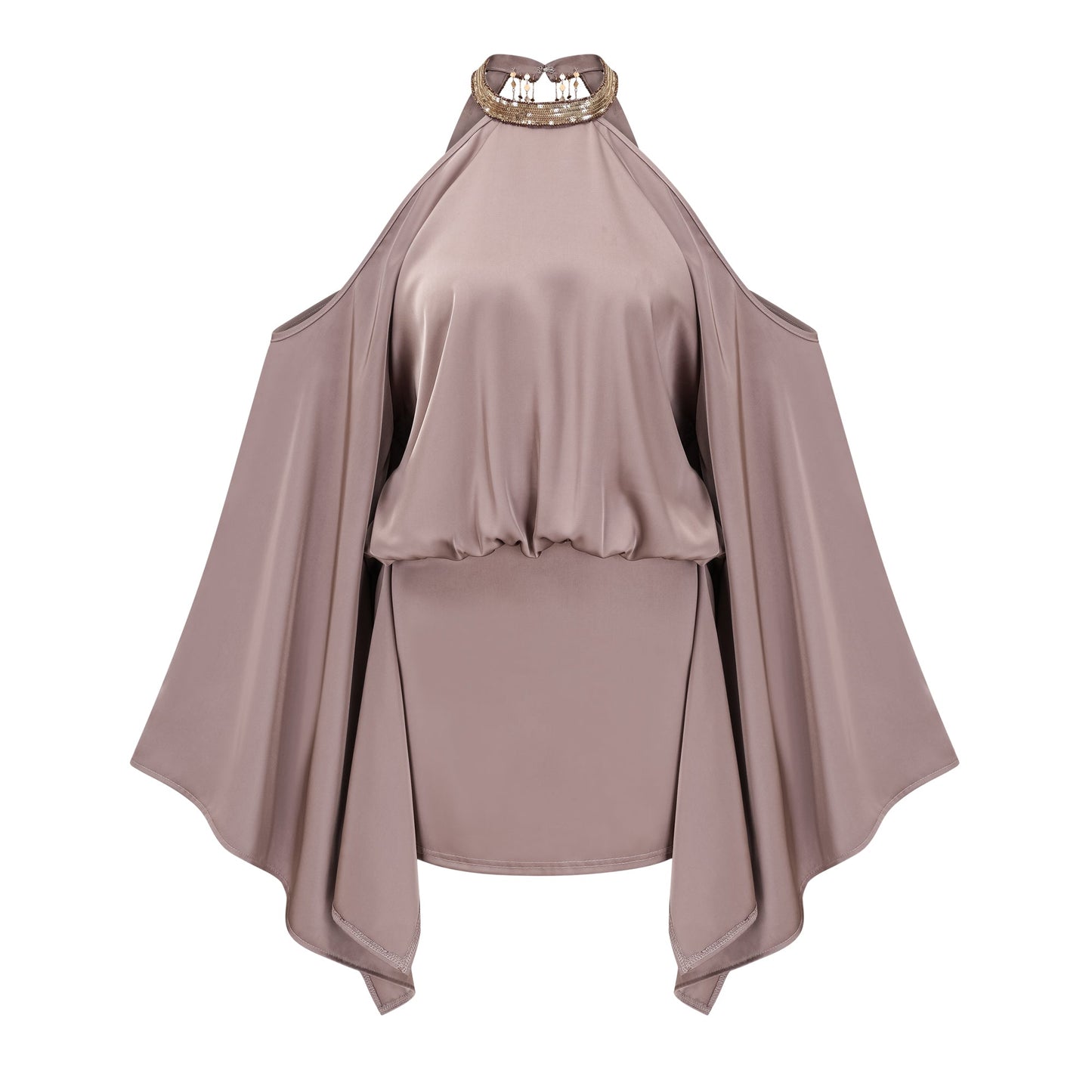 Jimena Brown Cold Shoulder Embellished Mini Dress
