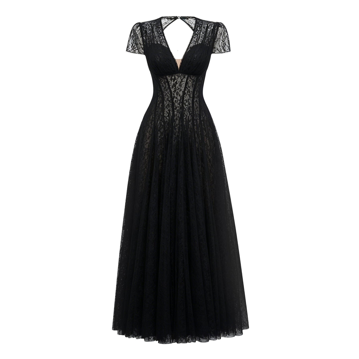Radiya Black Floral Lace Pleated Maxi Dress