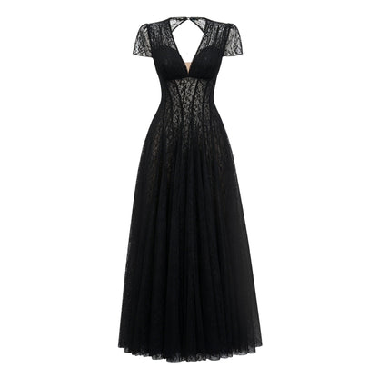 Radiya Black Floral Lace Pleated Maxi Dress