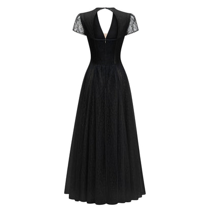Radiya Black Floral Lace Pleated Maxi Dress