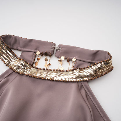 Jimena Brown Cold Shoulder Embellished Mini Dress