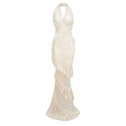 Vilhelmiina Cream White Halterneck Shirred Maxi Dress