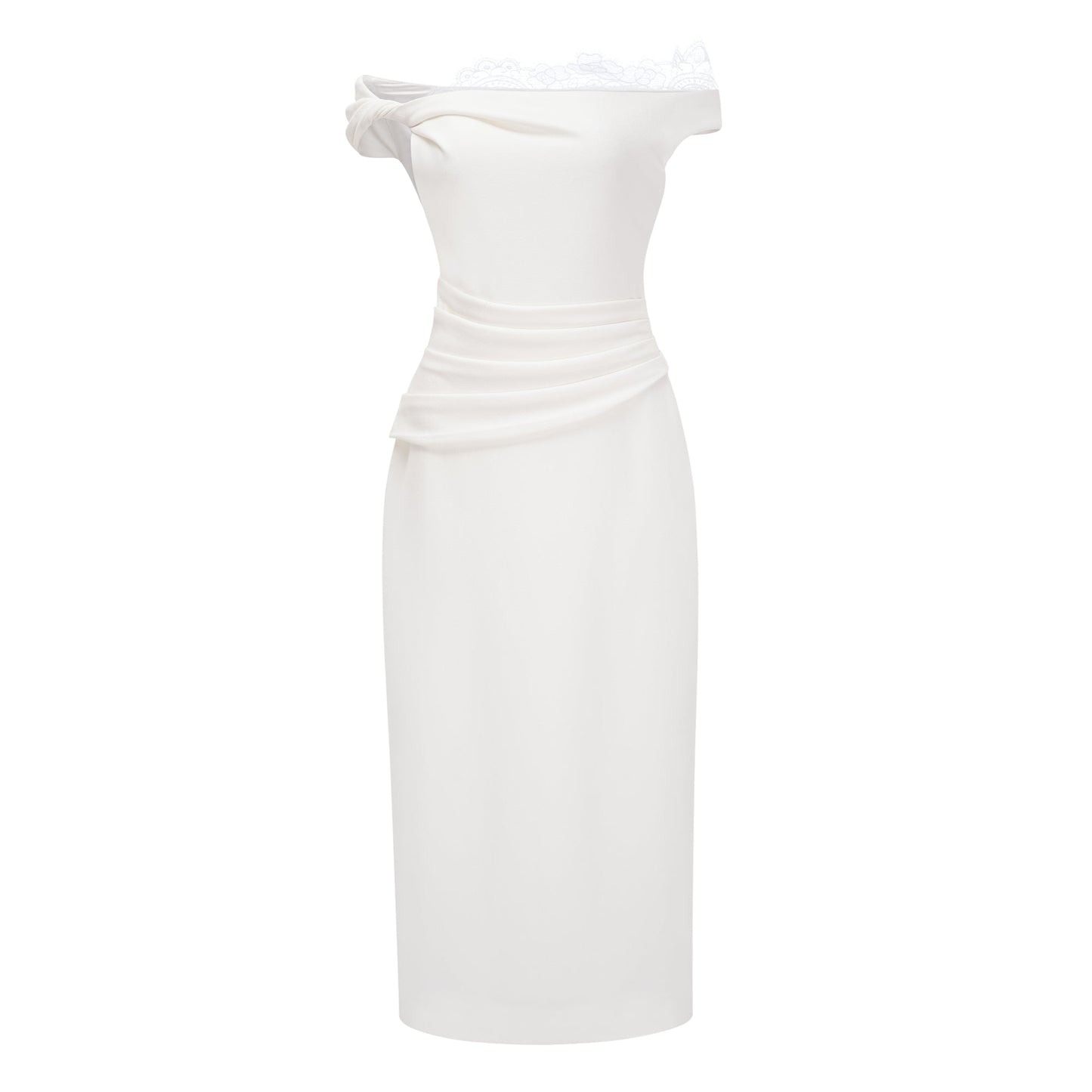Roshanak White One Shoulder Midi Dress with Lace Panels