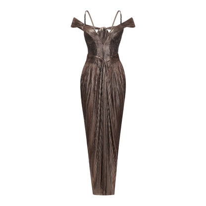 Marise Brown Draped Satin Maxi Dress