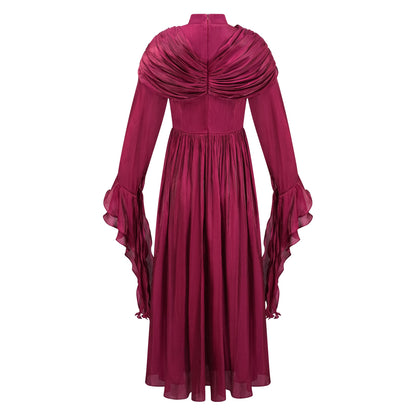 Danuta Burgundy Ruched Pleated Maxi Dress