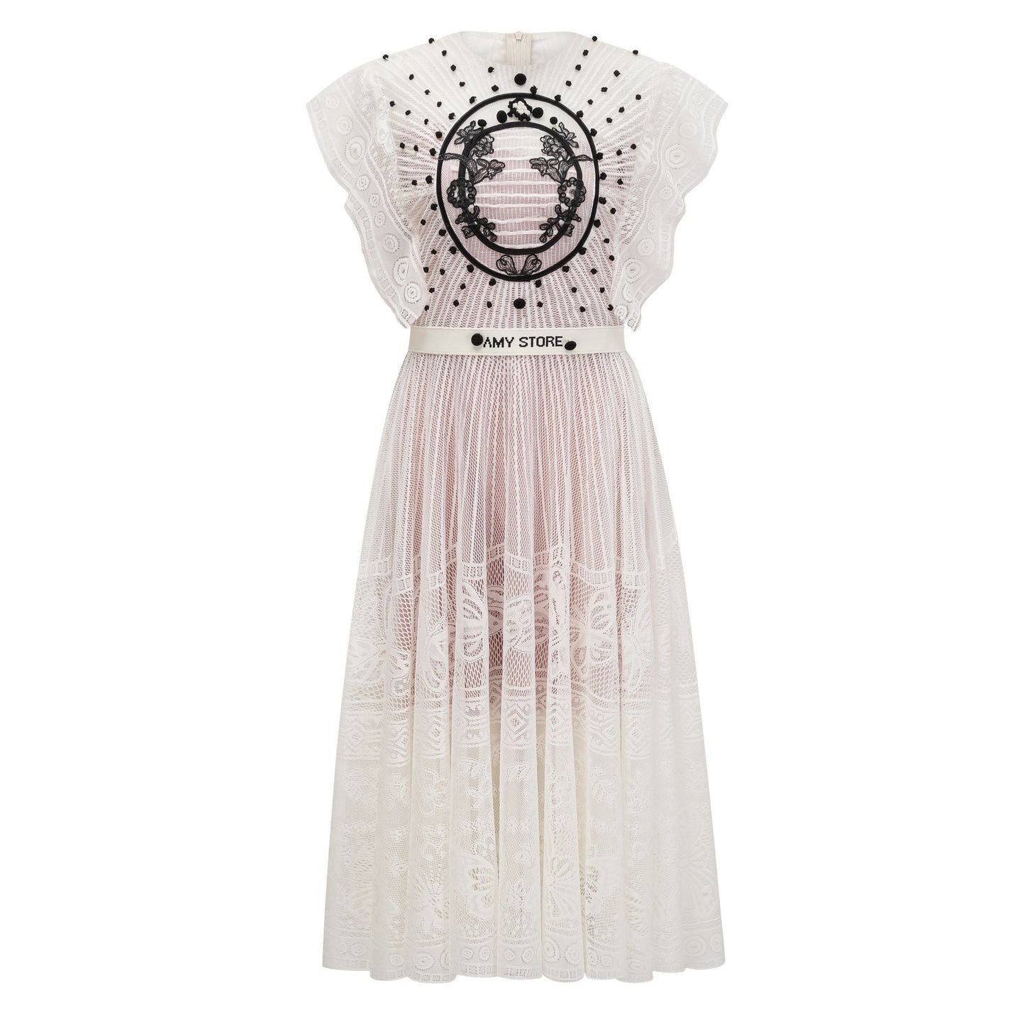 Phoebe White Jacquard Floral-lace Pleated Midi Dress