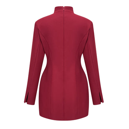 Valeria Burgundy Stand Collar Long Sleeve Mini Dress