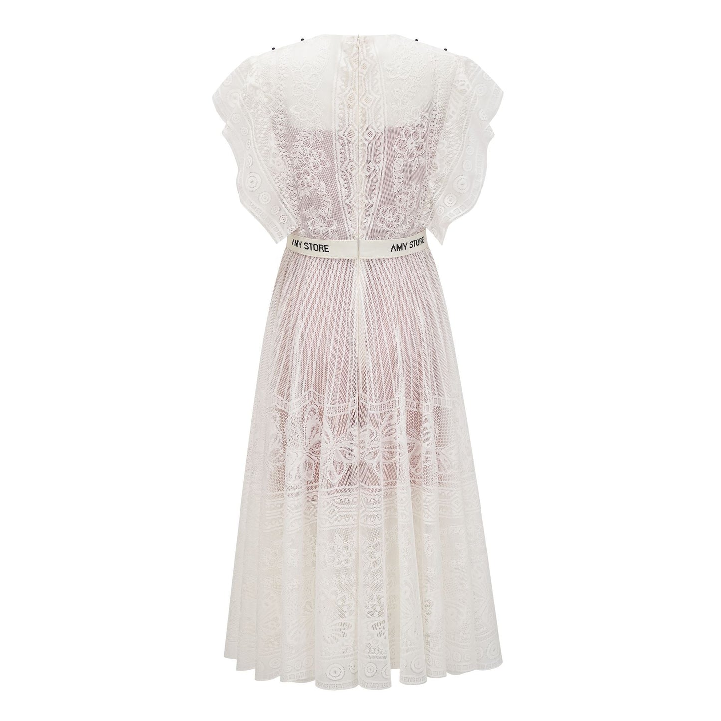 Phoebe White Jacquard Floral-lace Pleated Midi Dress