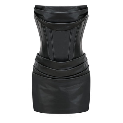 Agnes Siyah Dantelli Deri Bodycon Mini Elbise